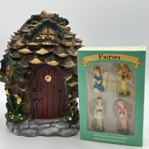 HearthSong Fantastical Resin Fairy Village Pinecone House 9" w/ 4 Fairy Figures - Picture 7 of 11